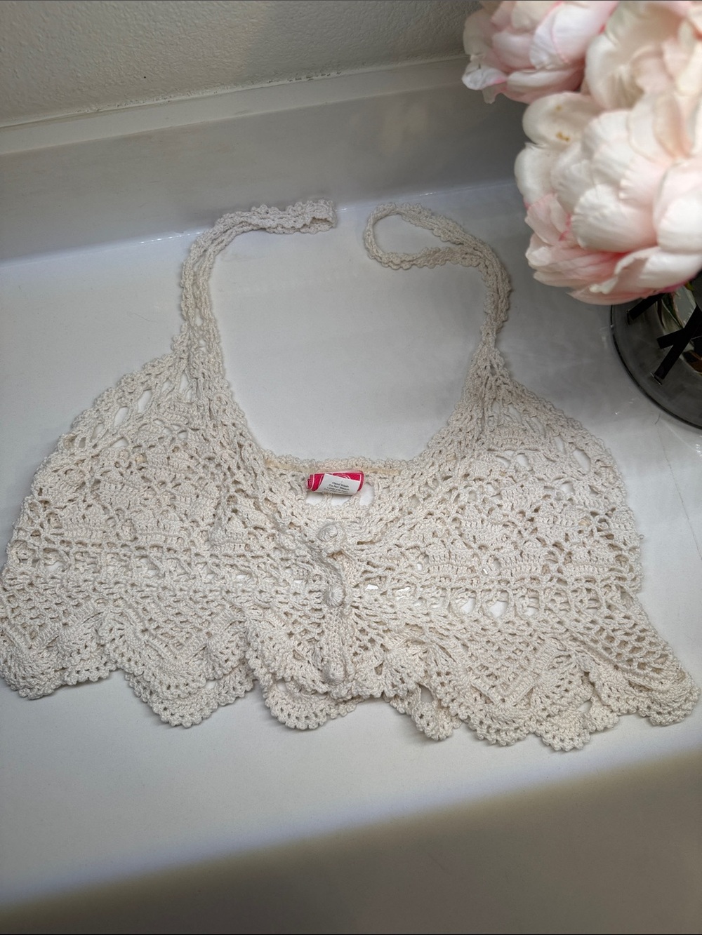 Crochet Lace Halter Top in Cream L